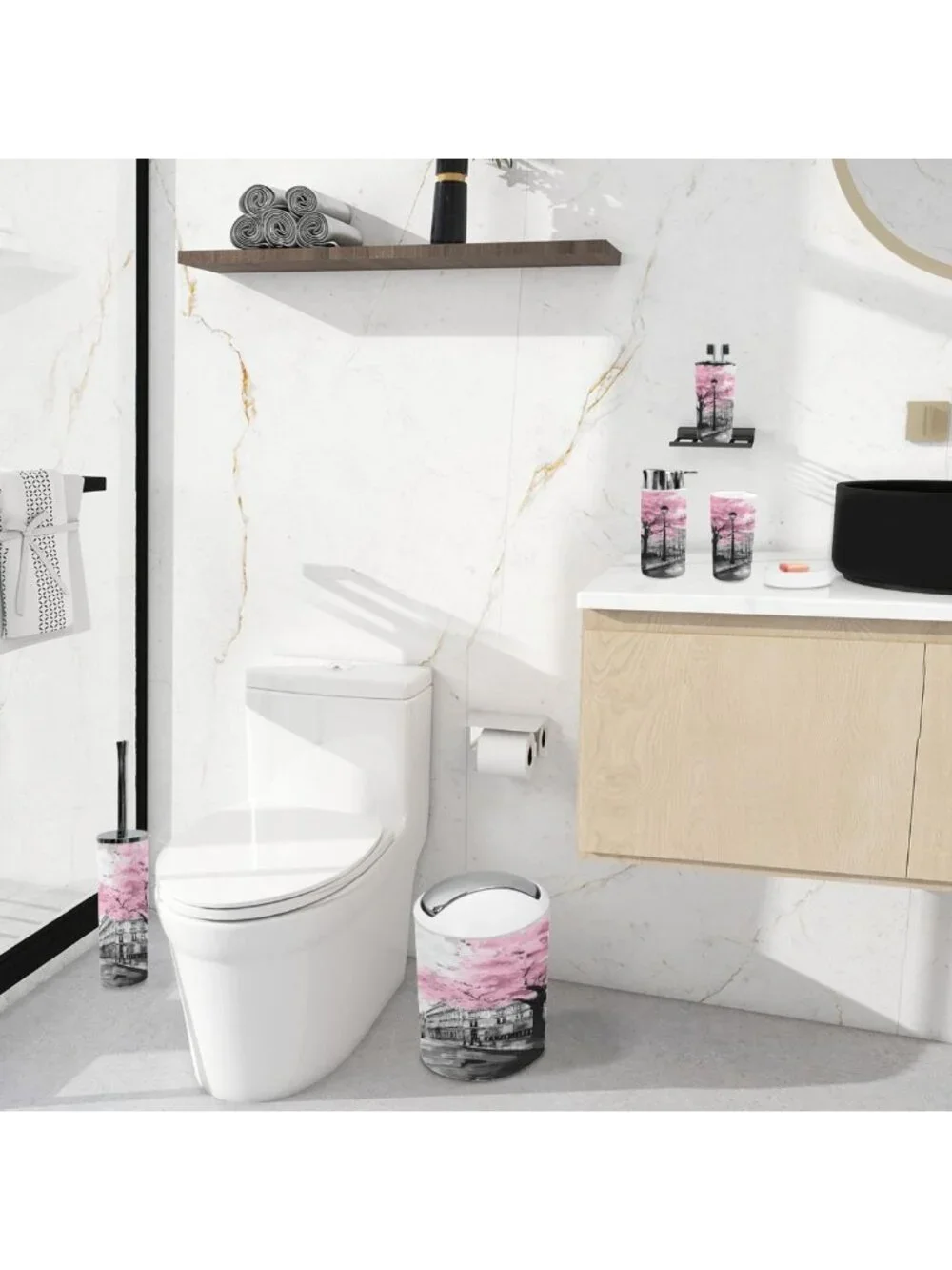 Chic 6-Piece Bathroom Accessory Set - Modern Parisian Design, Black & Pink Decor